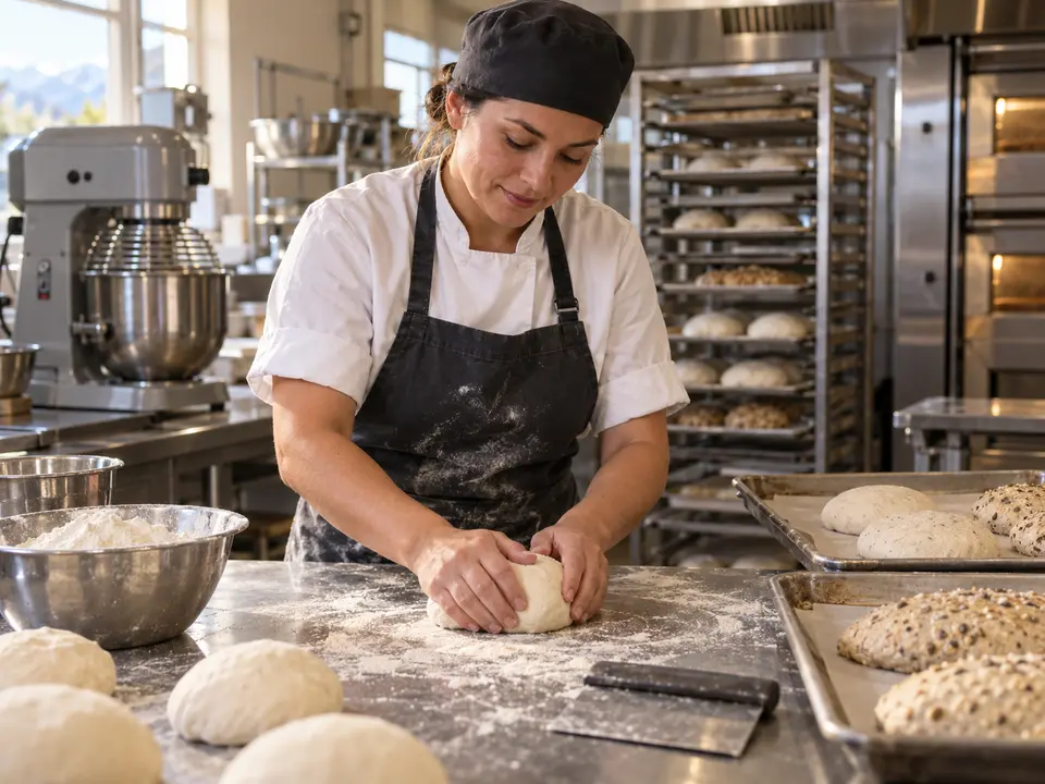 Baker shaping dough at a commercial bakery prep table