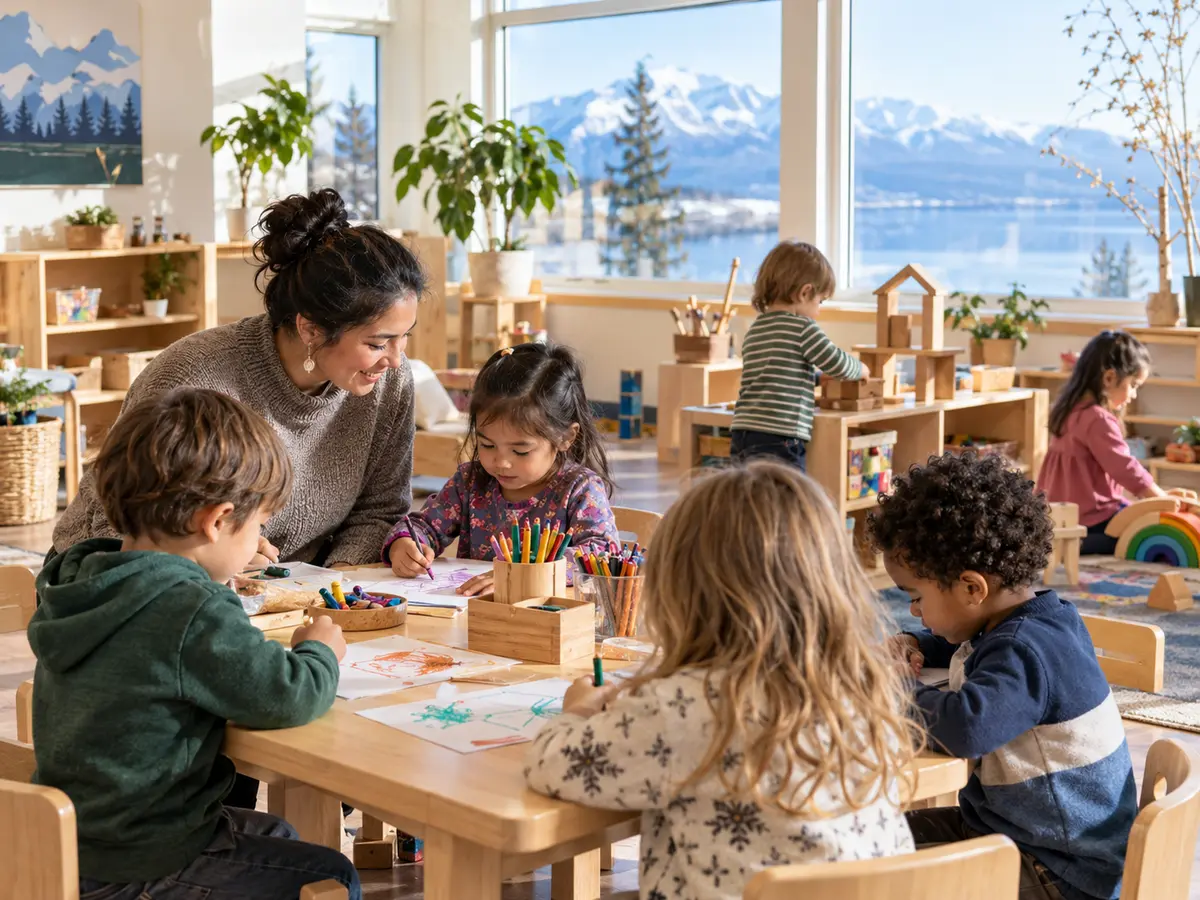 Children drawing and playing in a bright professional preschool classroom
