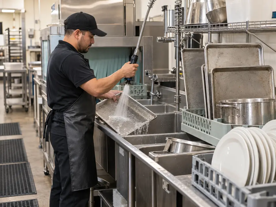 Worker using a sprayer at a stainless commercial dishwashing station