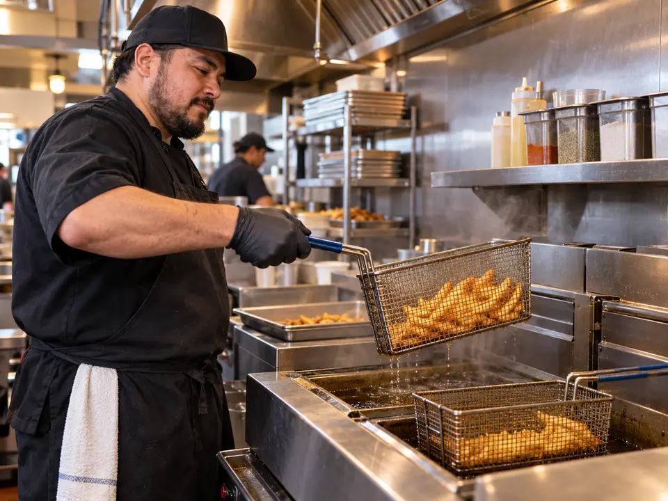 Fry cook lifting a basket from an industrial restaurant fryer