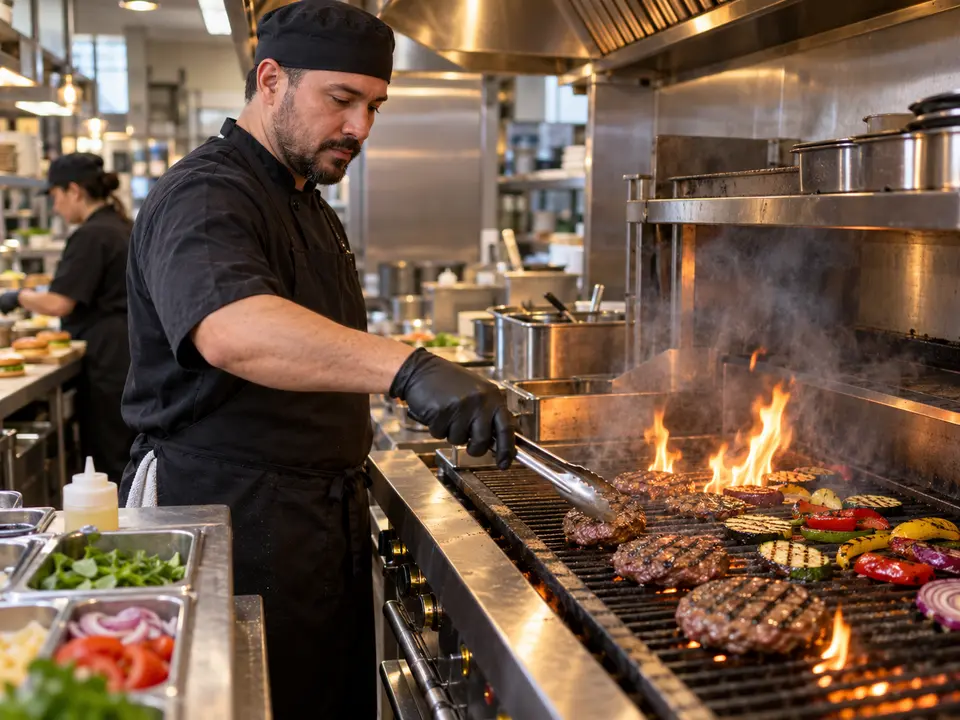 Grill cook using tongs over a commercial charbroiler