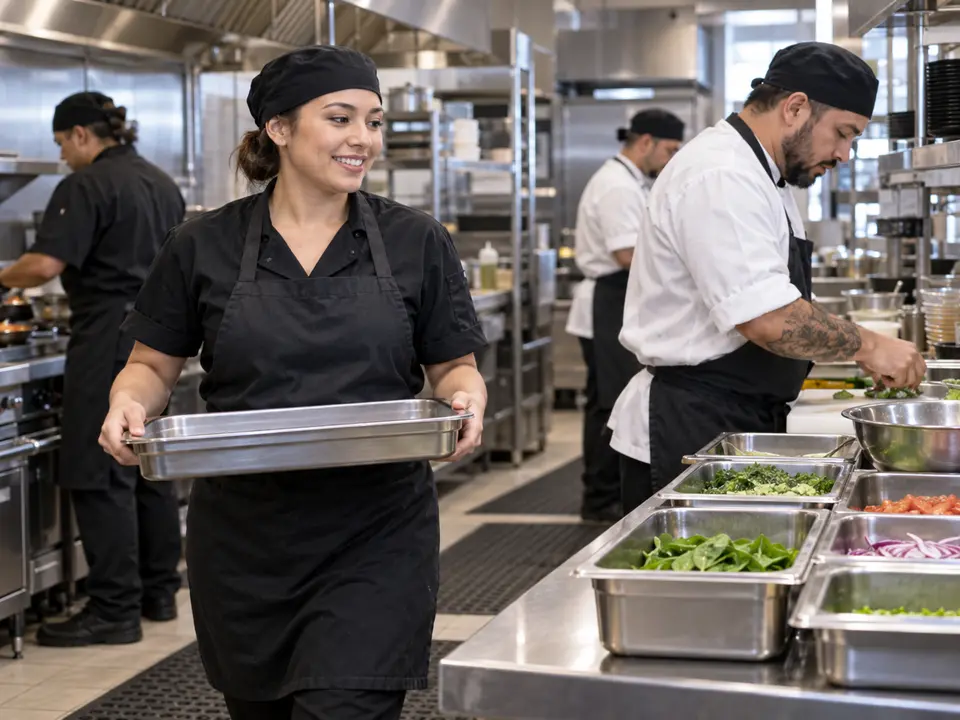 Kitchen assistant carrying a hotel pan in a professional restaurant kitchen