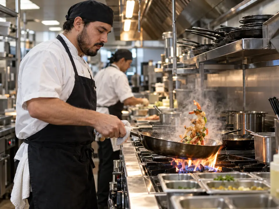 Line cook working a sauté pan over flames in a commercial restaurant kitchen