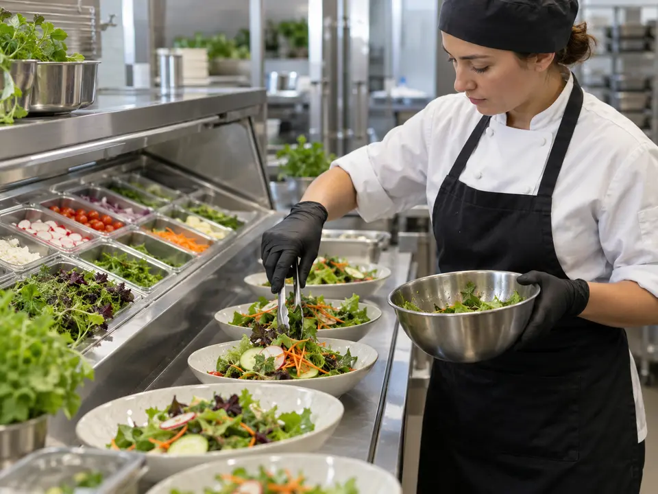 Pantry cook assembling salads at a chilled commercial kitchen station