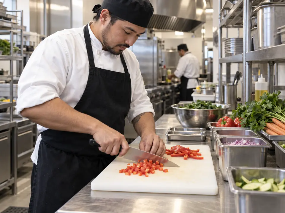 Prep cook chopping vegetables at a commercial kitchen prep station