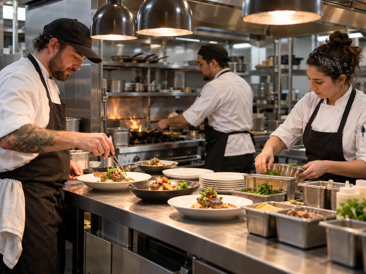 Restaurant back-of-house team plating food in a professional commercial kitchen